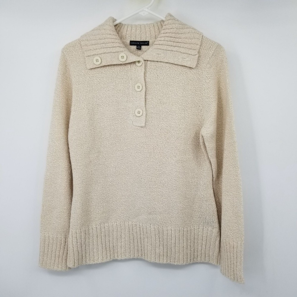 Carolyn Taylor Button Shawl Womens Pullover Sweater Small Prep Neutral Coastal